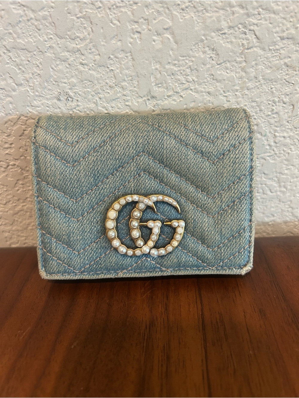 Gucci Denim Wallet with Pearl Double G - Light Blue